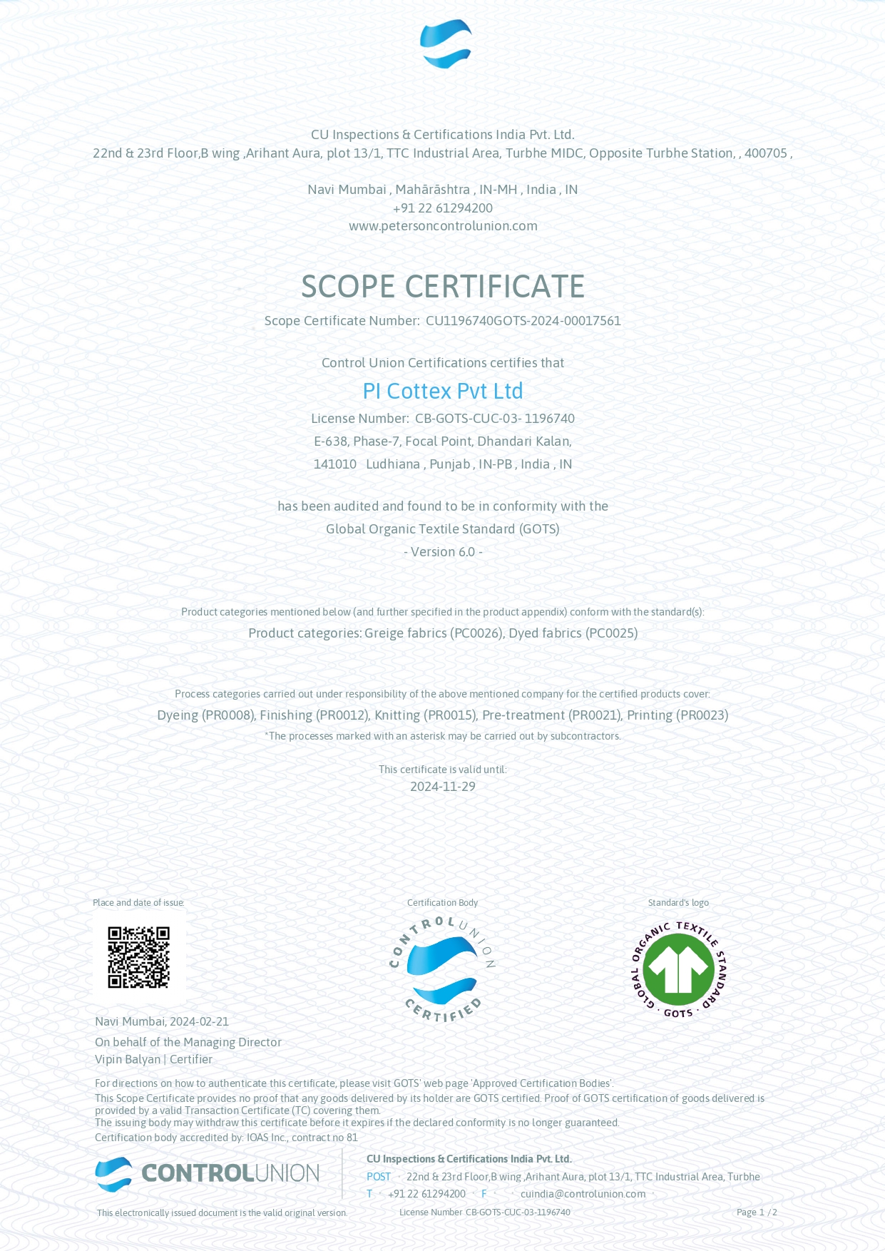 PI Cottexx Trusted By global organic Textile Standard