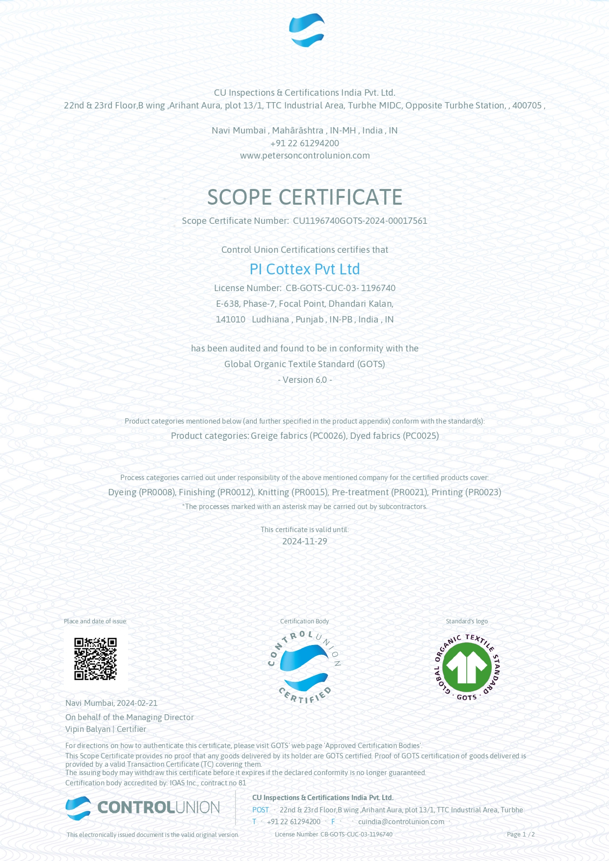 PI Cottexx Trusted By global organic Textile Standard PI Cottexx Trusted By global organic Textile Standard